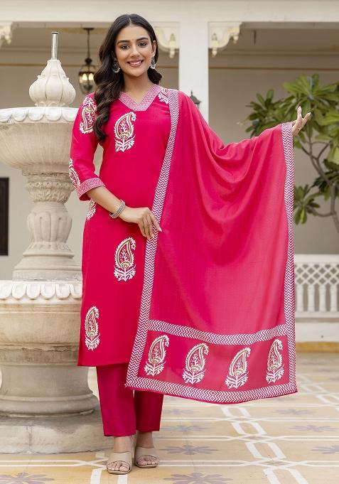 Pink Printed Rayon Kurta Set