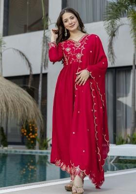 Red Embroidery Silk Kurta Set