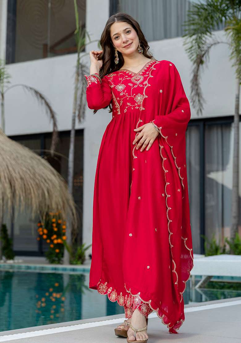 Red Embroidery Silk Blend Kurta Set - Indya