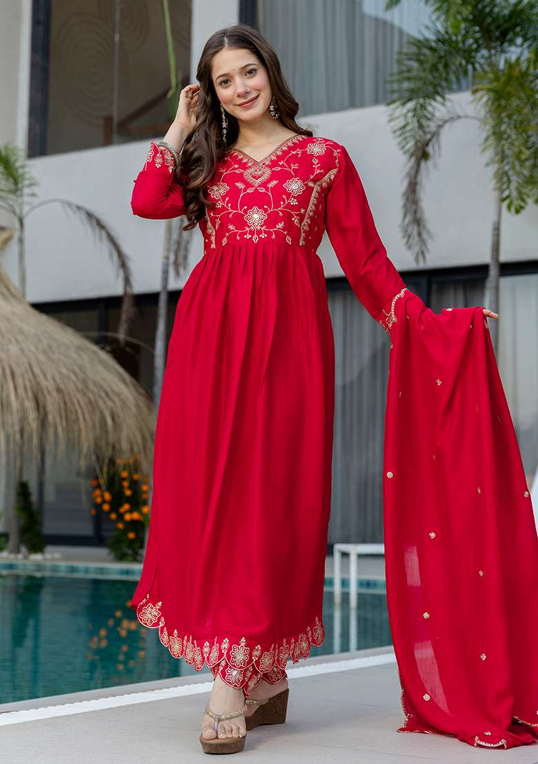 Red Embroidery Silk Blend Kurta Set - Indya