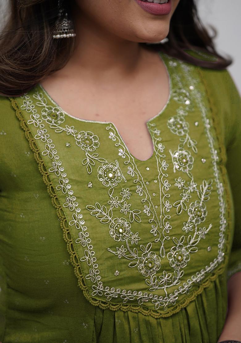 Mehendi Embroidery Cotton Kurta Set - Indya
