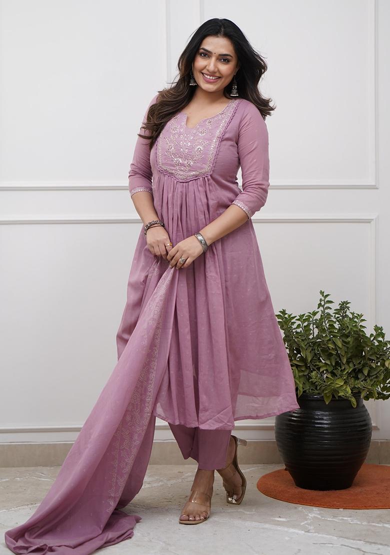 Onion Embroidery Cotton Kurta Set - Indya