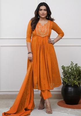 Orange Embroidery Cotton Kurta Set