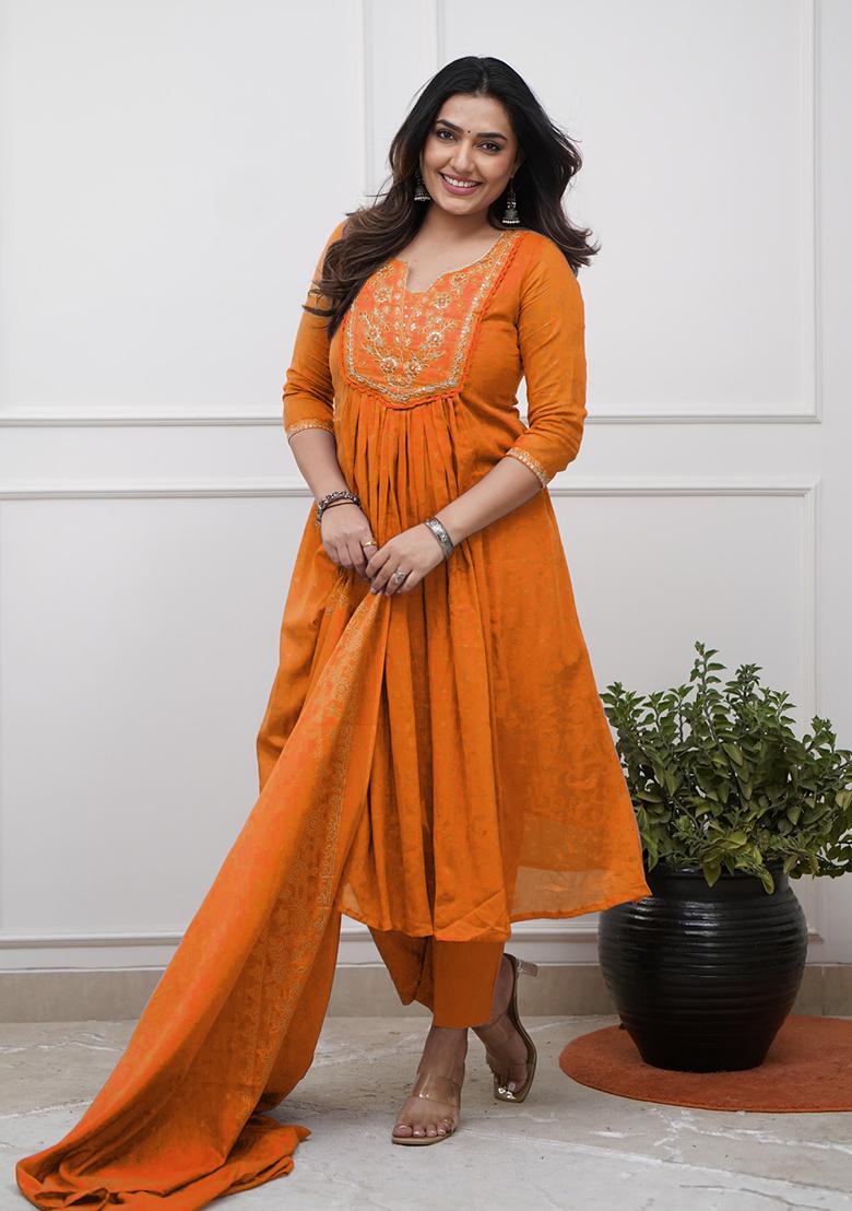 Orange Embroidery Cotton Kurta Set - Indya