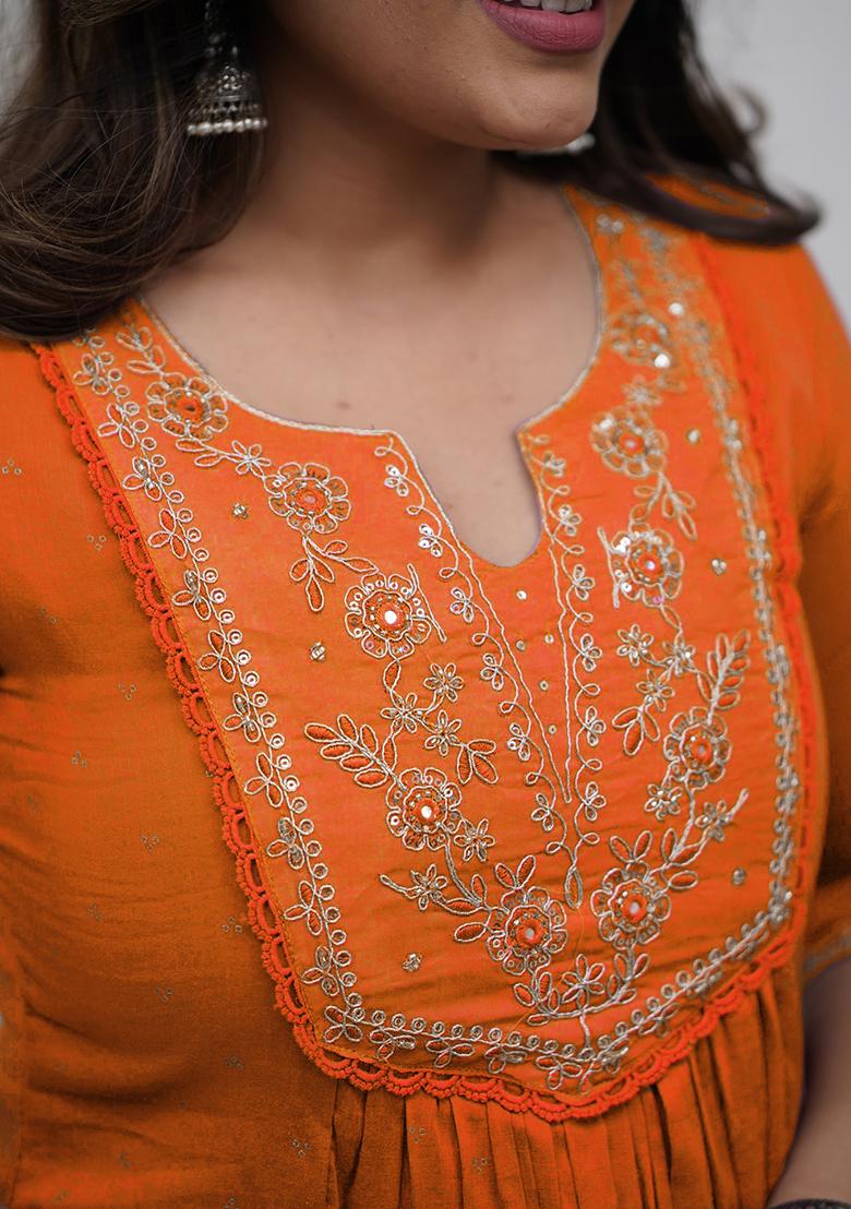 Orange Embroidery Cotton Kurta Set - Indya