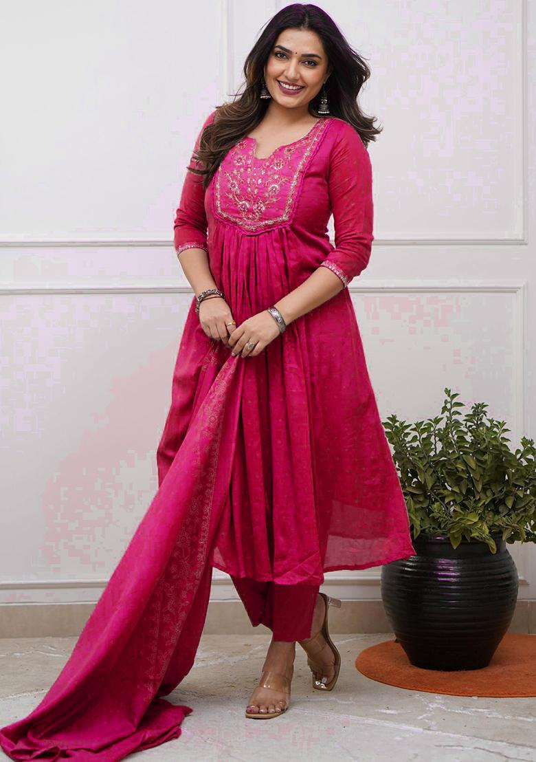 Pink Embroidery Cotton Kurta Set - Indya