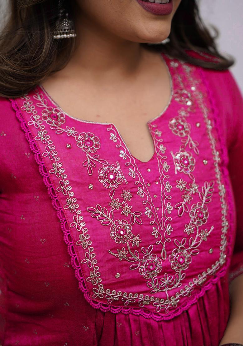 Pink Embroidery Cotton Kurta Set - Indya
