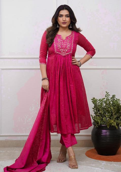 Pink Embroidery Cotton Kurta Set