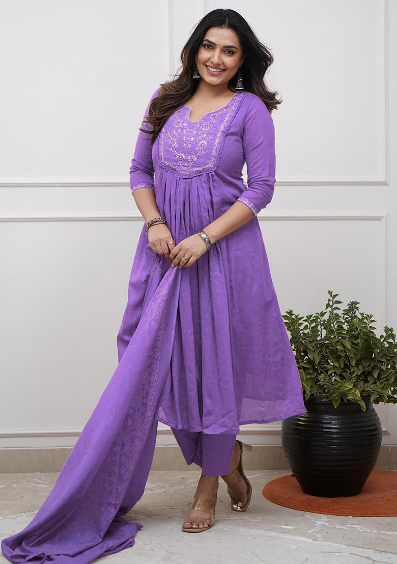 Lavender Embroidery Cotton Kurta Set - Indya
