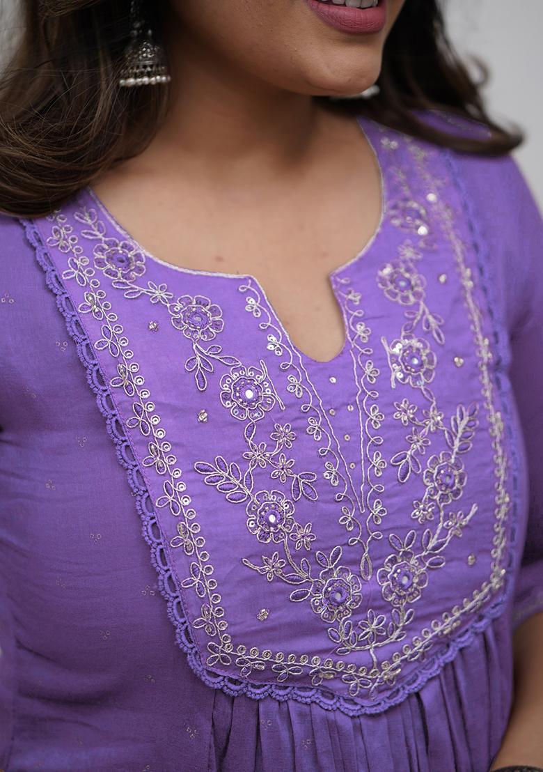 Lavender Embroidery Cotton Kurta Set - Indya