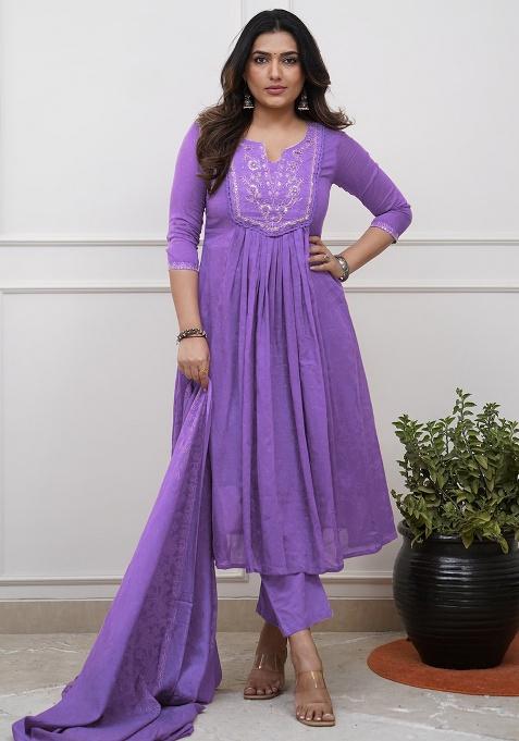 Lavender Embroidery Cotton Kurta Set
