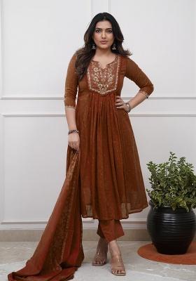 Rust Embroidery Cotton Kurta Set