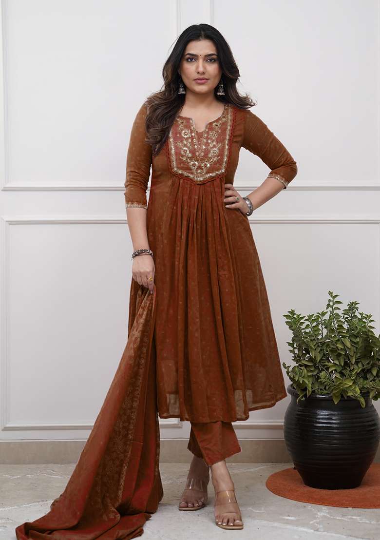 Rust Embroidered Cotton A Line Kurta Set - Indya