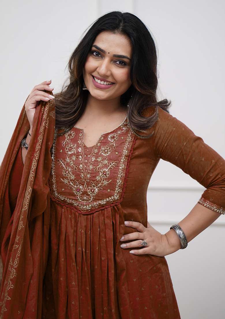 Rust Embroidered Cotton A Line Kurta Set - Indya