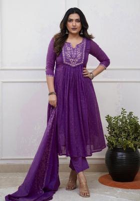 Purple Embroidery Cotton Kurta Set