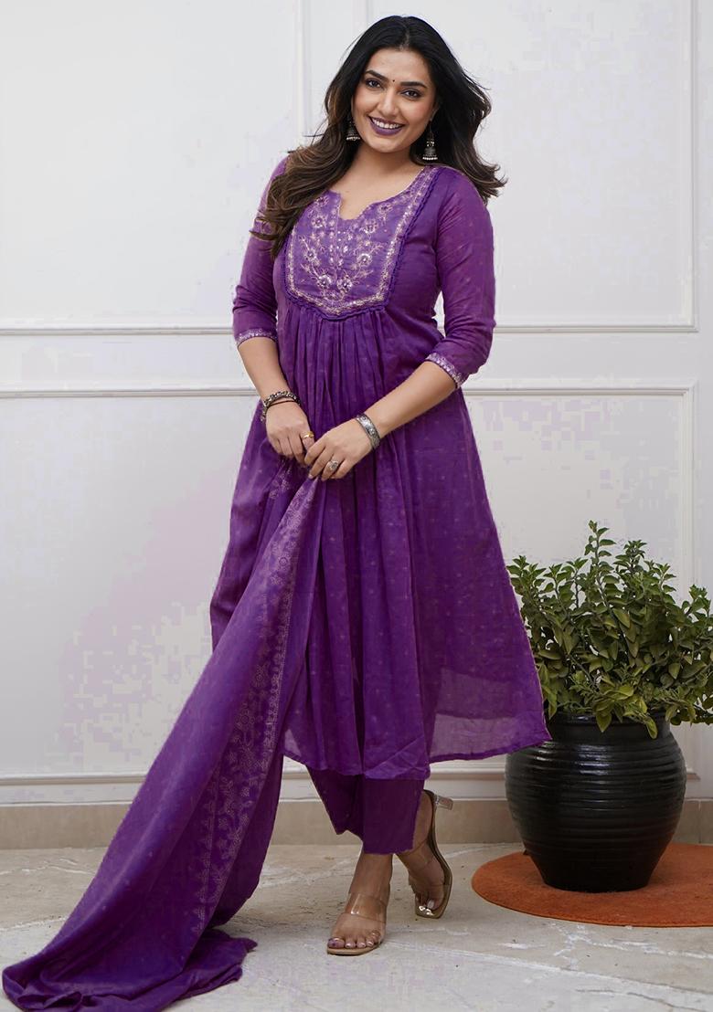 Purple Embroidery Cotton Kurta Set - Indya