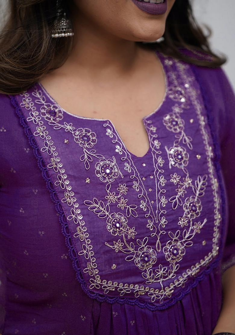 Purple Embroidery Cotton Kurta Set - Indya