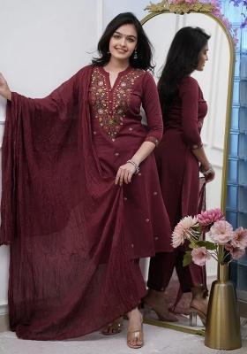 Maroon Thread Work Rayon Kurta Set