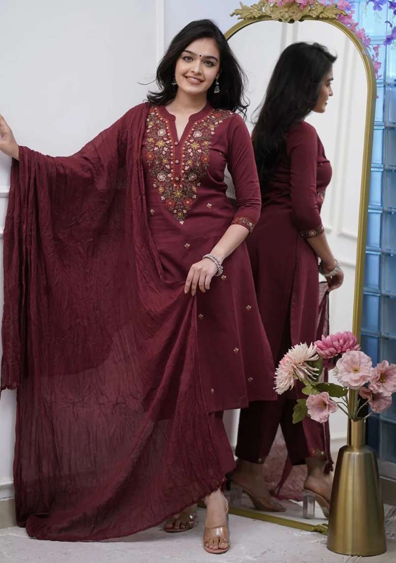 Maroon Embroidered Rayon Straight Kurta Set - Indya