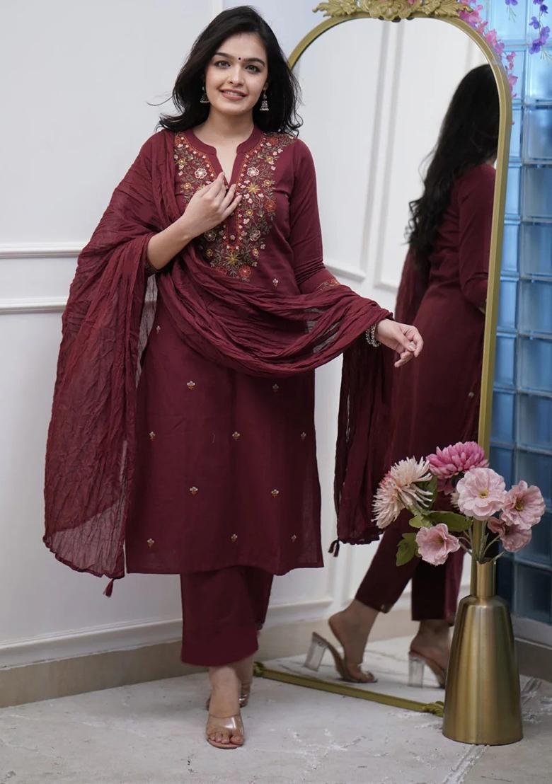 Maroon Thread Work Rayon Kurta Set - Indya