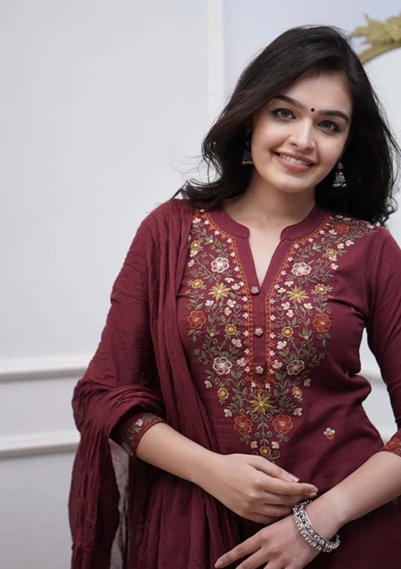 Maroon Embroidered Rayon Straight Kurta Set - Indya