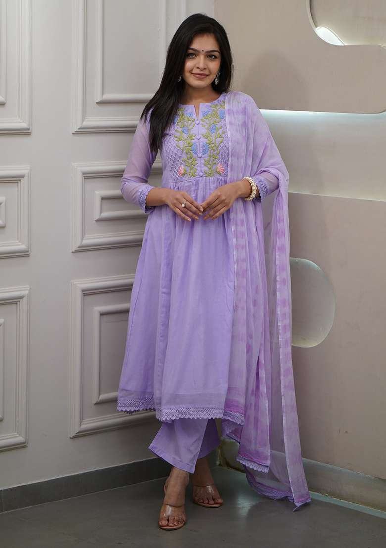 Lavender Embroidered Georgette A Line Kurta Set - Indya