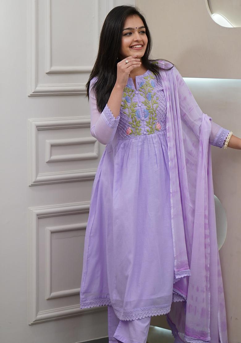 Lavender Thread Work Georgette Kurta Set - Indya