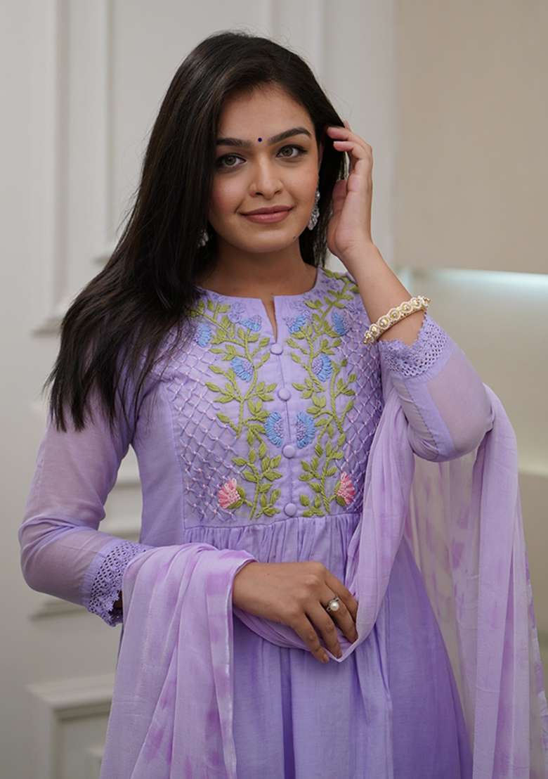 Lavender Embroidered Georgette A Line Kurta Set - Indya
