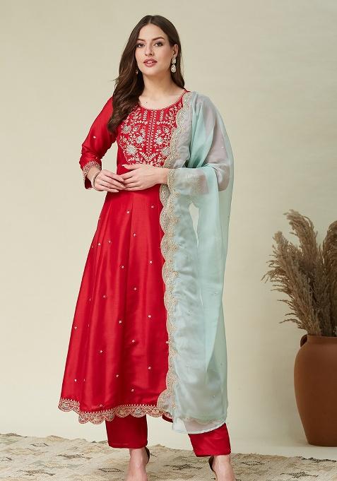 Red Embroidery Vichitra Kurta Set