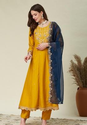 Yellow Embroidery Vichitra Kurta Set