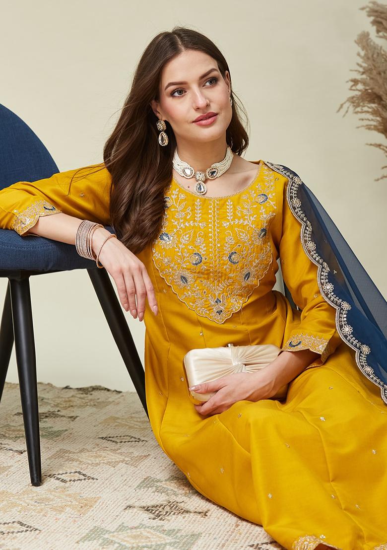 Yellow Embroidery Vichitra Kurta Set - Indya