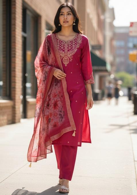 Gajari Embroidery Silk Kurta Set