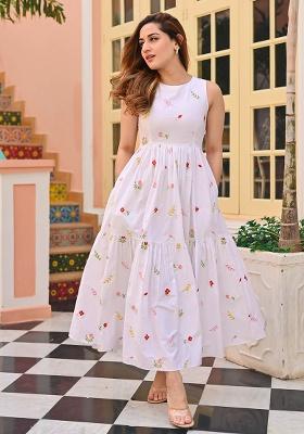 White Thread Work Cotton Dress