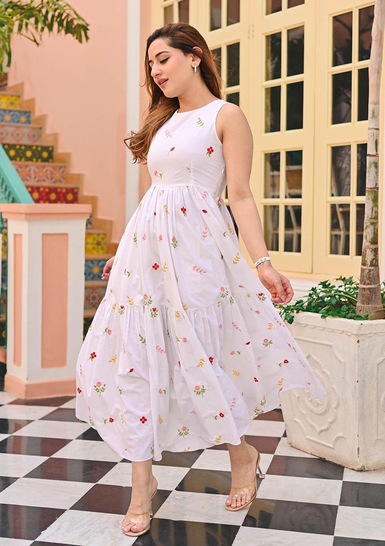 White Thread Work Cotton Dress - Indya