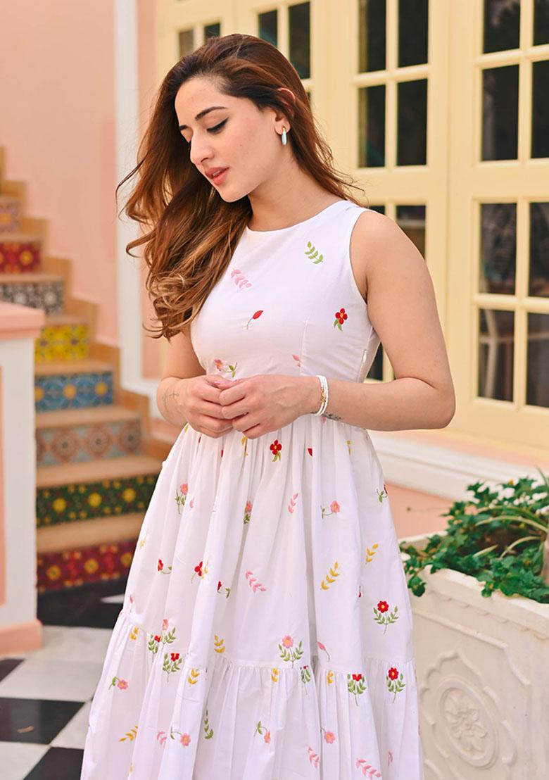 White Thread Work Cotton Dress - Indya