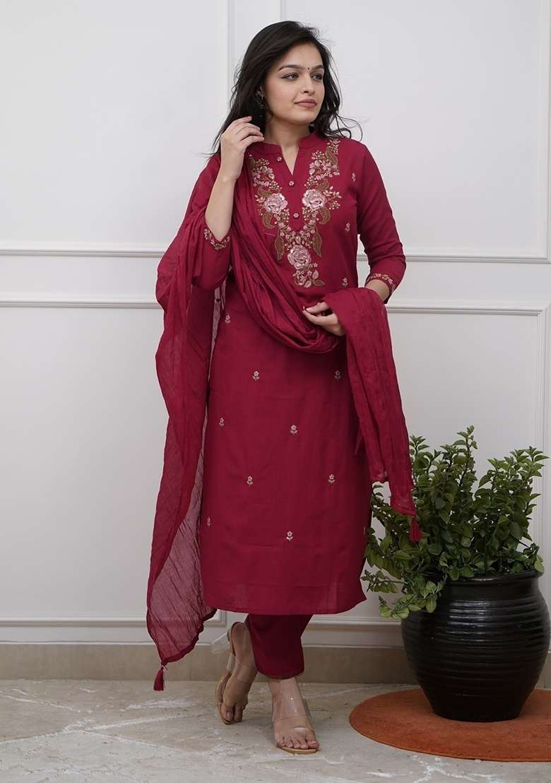 Maroon Embroidered Rayon Straight Kurta Set - Indya