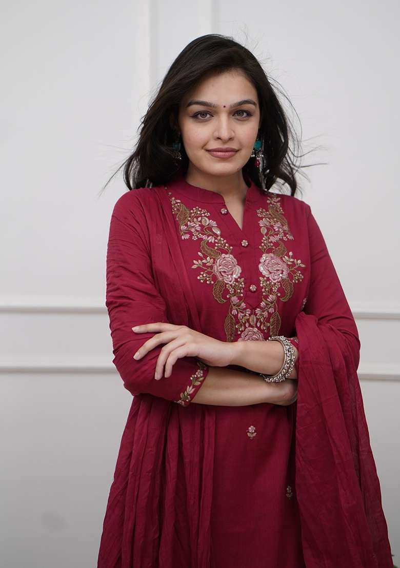 Maroon Embroidered Rayon Straight Kurta Set - Indya