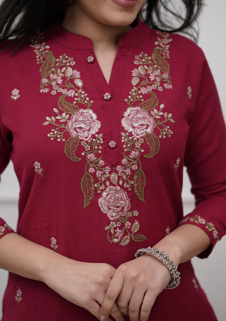 Maroon Embroidery Rayon Kurta Set - Indya