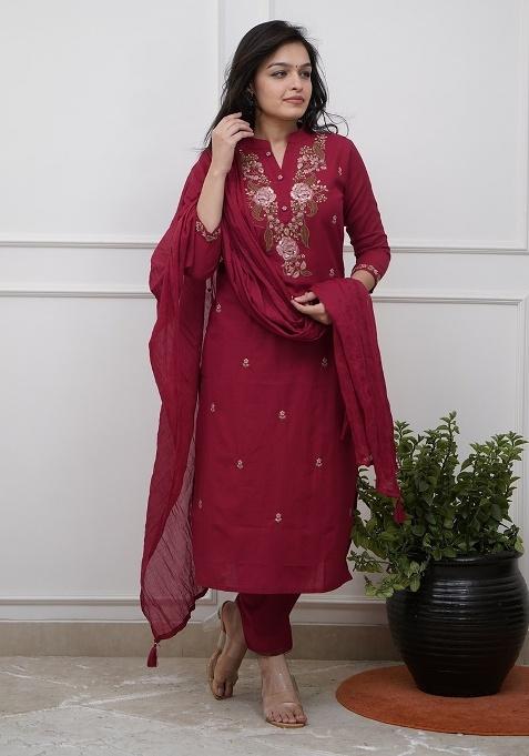 Maroon Embroidery Rayon Kurta Set