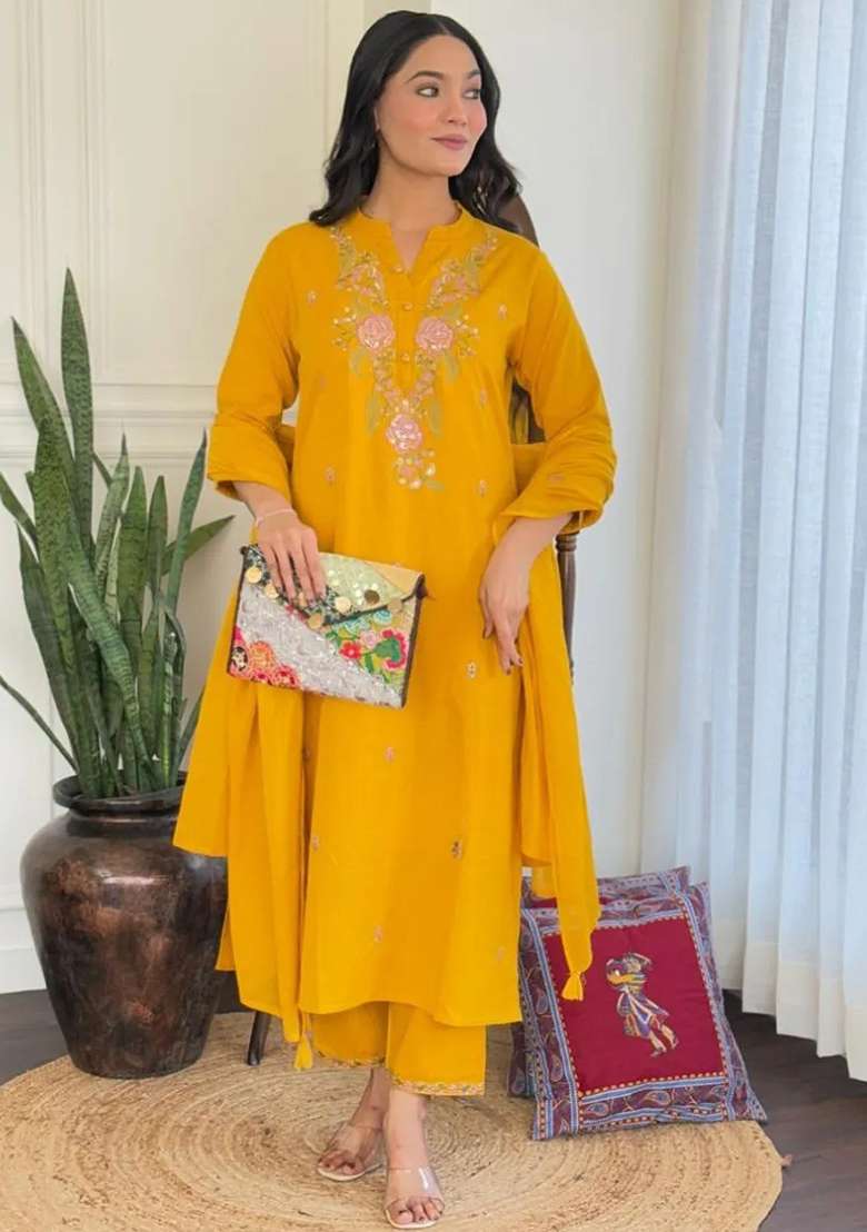 Mustard Embroidered Rayon Straight Kurta Set - Indya
