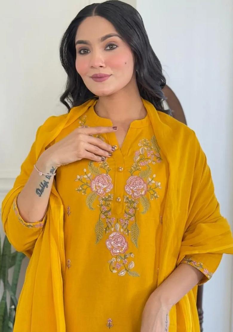 Mustard Embroidery Rayon Kurta Set - Indya