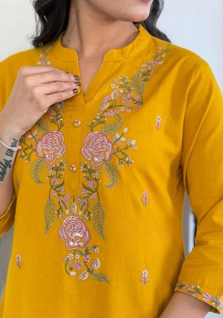 Mustard Embroidered Rayon Straight Kurta Set - Indya