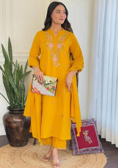 Mustard Embroidery Rayon Kurta Set