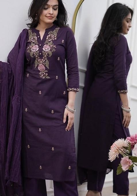 Wine Embroidery Rayon Kurta Set