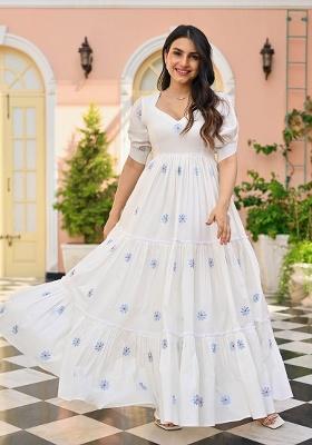 White Thread Work Cotton Dress