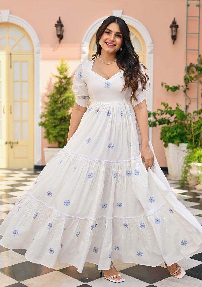 White Thread Work Cotton Dress - Indya