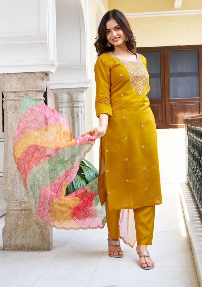 Mustard Embroidery Chanderi Kurta Set - Indya