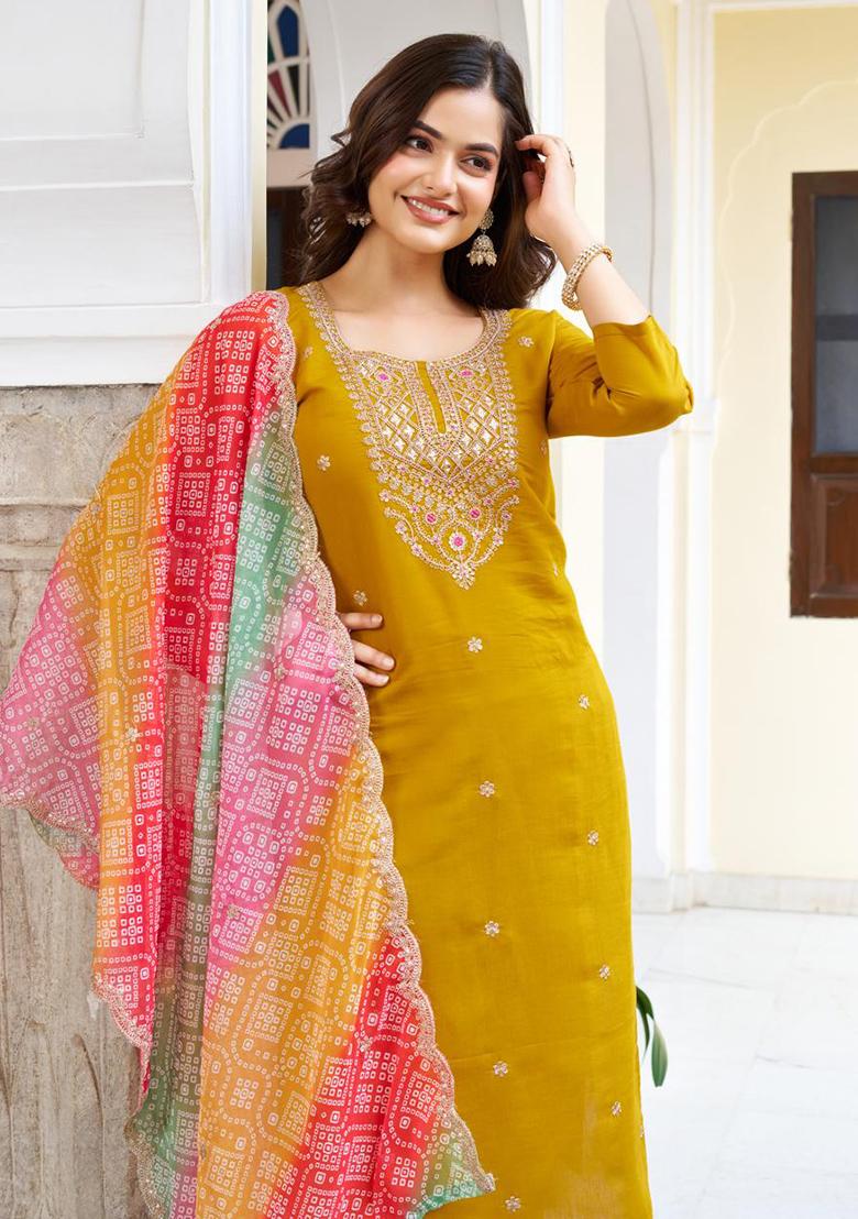 Mustard Embroidery Chanderi Kurta Set - Indya