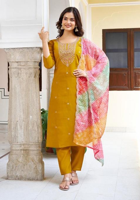 Mustard Embroidery Chanderi Kurta Set