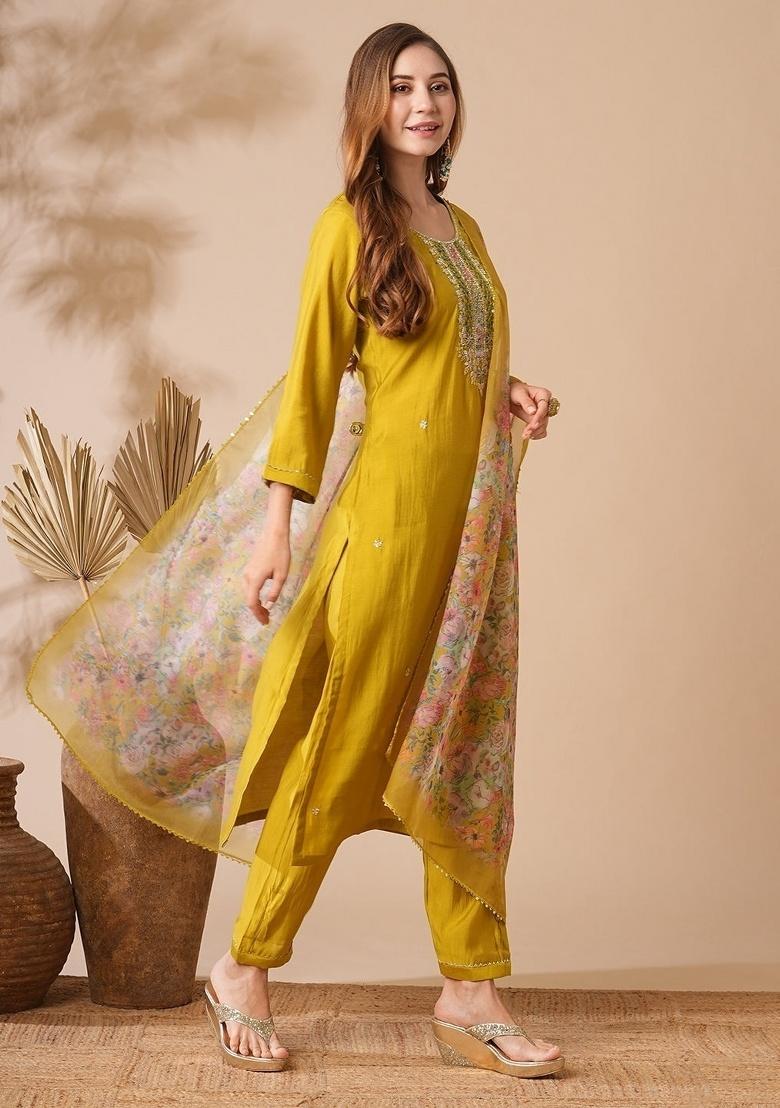 Mustard Embroidery Chanderi Kurta Set - Indya